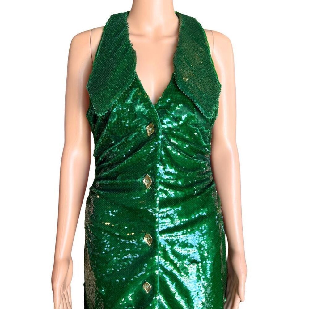 NWT Ganni Kelly Green Sequin Halter Midi Dress Ruched Jewel Button Party 36 US 4 - Picture 6 of 10